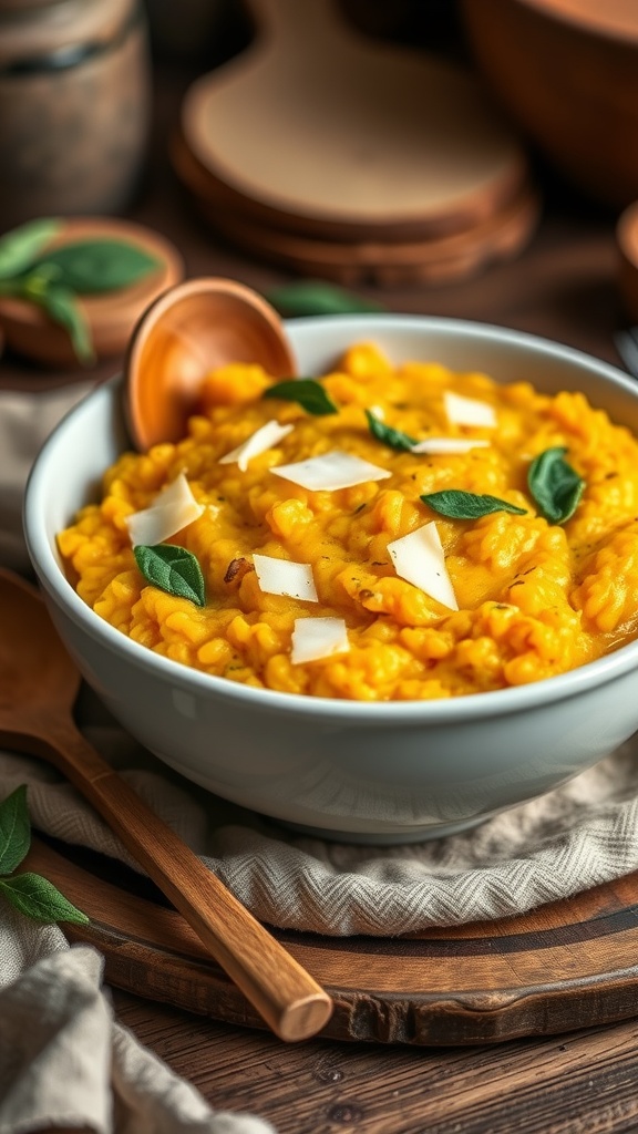 A bowl of creamy butternut squash risotto garnished with sage and Parmesan, set in a cozy kitchen.